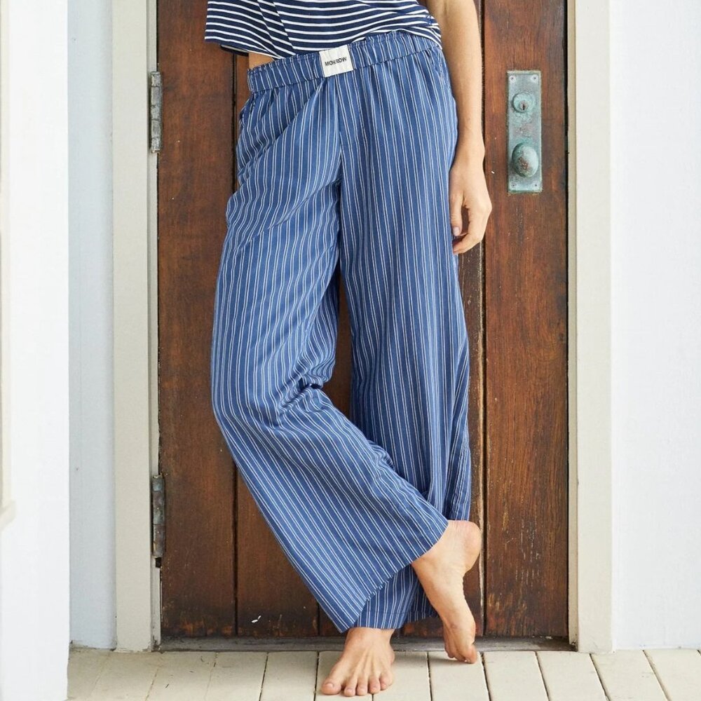 NWT Monrow Cotton Boxer Poplin Stripe Pants Navy Small